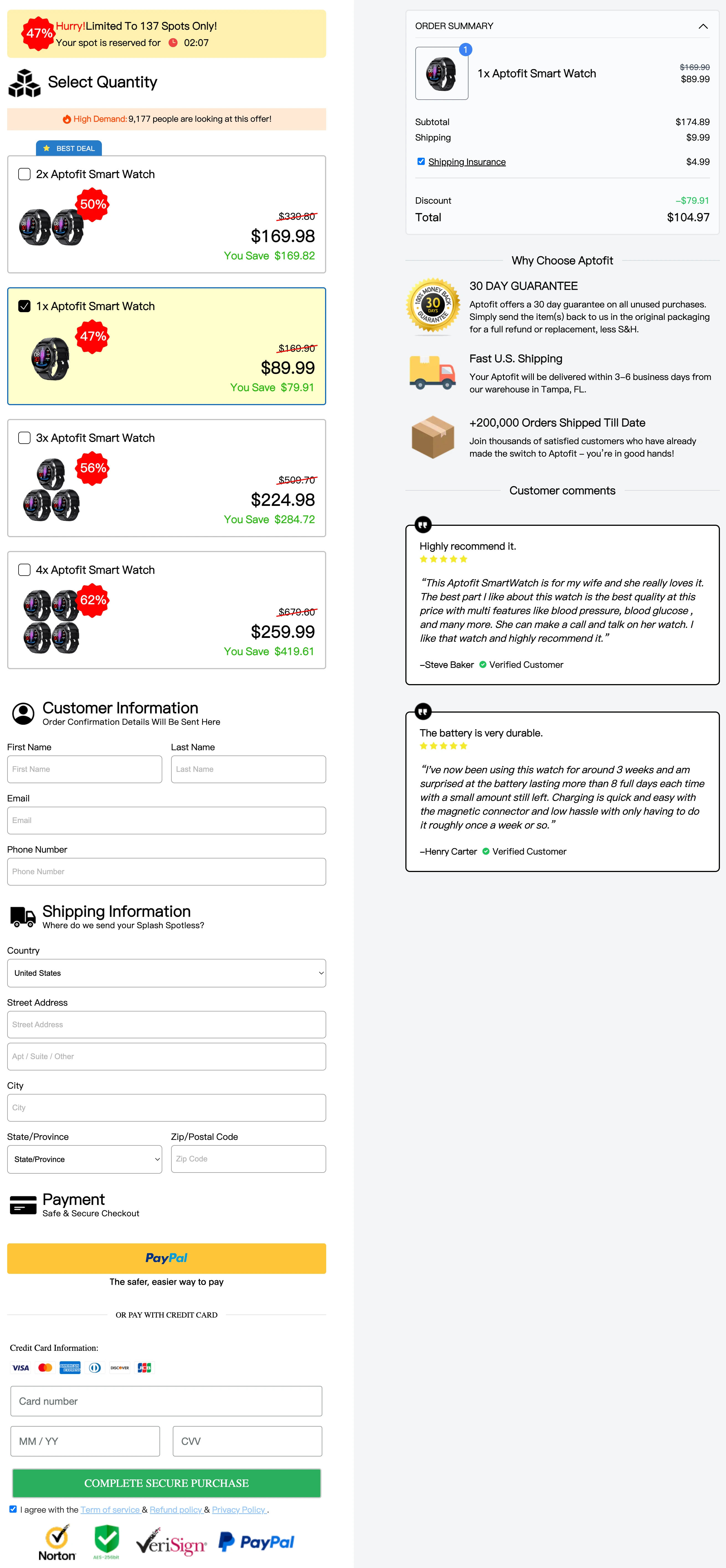 Aptofit Smart Watch 100% Secure Checkout page